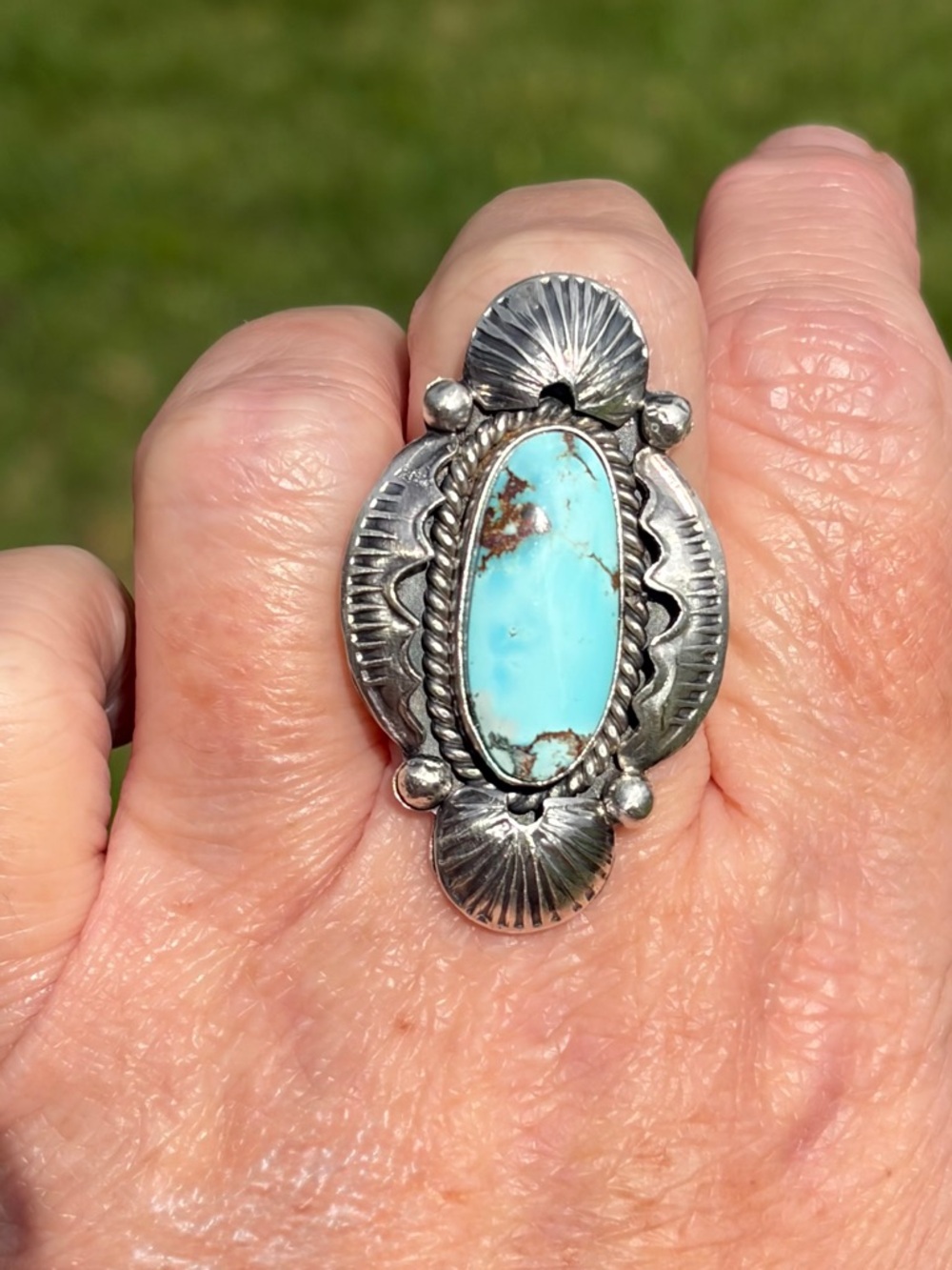 Juanita McDonald-Signed Unisex Golden Hills Turquoise Sterling Silver Ring - Picture 2 of 11